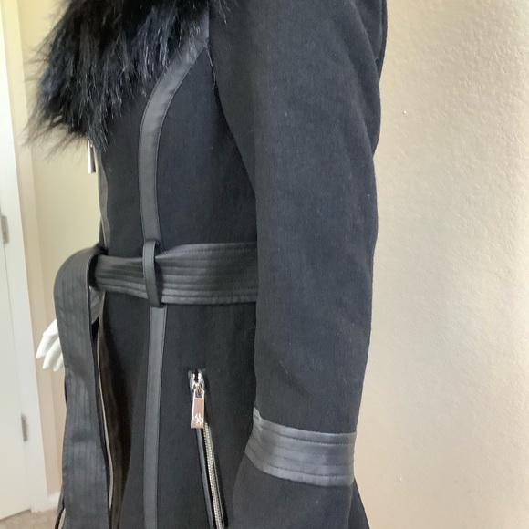 Guess Black Faux Fur Trimmed Wool Coat - Picture 15 of 16